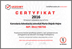 certyfikat UCZCIWY PRZEDSIĘBIORCA dla adwokat Marty Olejnik-Hejne i Kancelarii Adwokackiej UMOCOWANA.pl